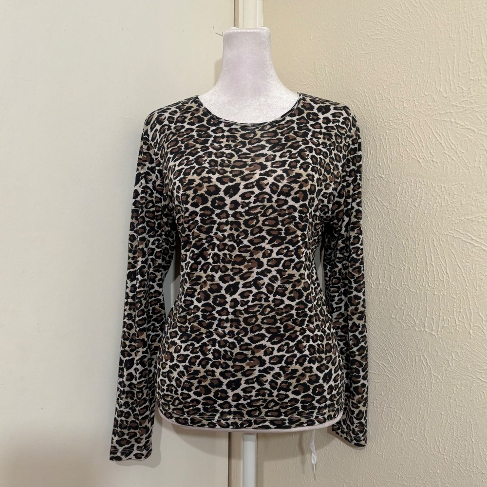 Stretch Silk Cheetah Leopard Print Long Sleeve Crew Neck Tee Casual Top Sz M